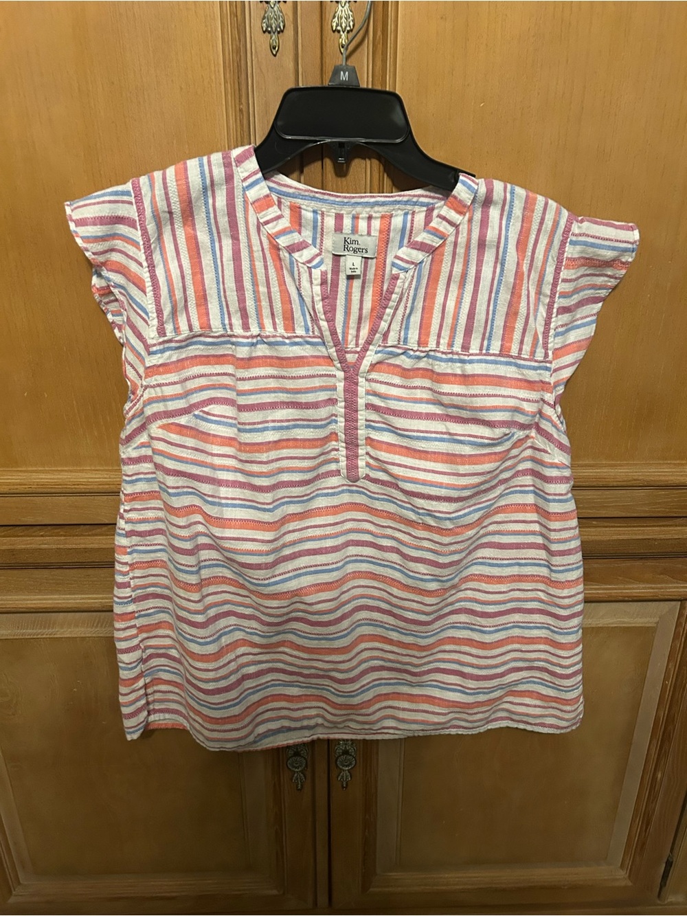 Kim Rogers Coral, Blue & White Striped Cap-Sleeve Tunic